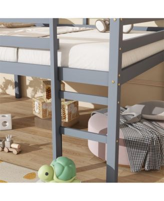 Full Size Loft Bed with Ladder Rubber Wood Platform Bed with Underbed Storage and Guardrails