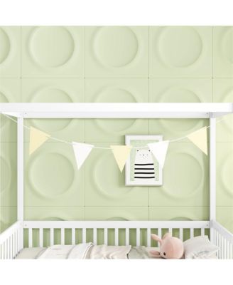 Twin Size Canopy Floor Bed with Safety Fence Wooden Play Bed with Guardrails for Kids Room