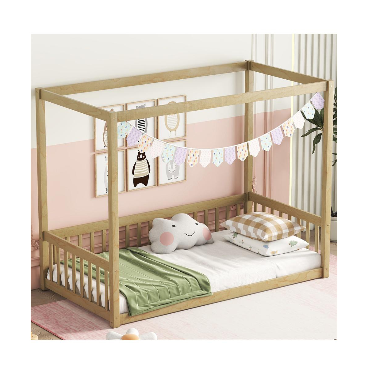 Cesicia Twin Canopy Floor Bed with Safety Fence Wooden Play Guardrails for Kids Room