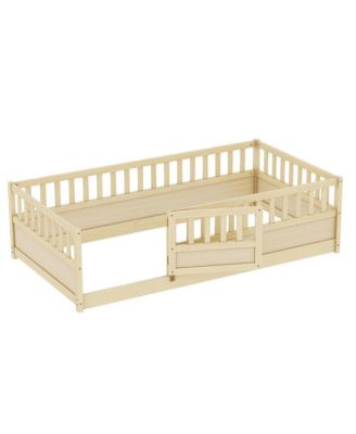 Twin Size Wooden Floor Bed Integral Construction with High Security Barrier Pine French Style for Kids