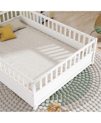 Full Size Wooden Floor Bed Integral Construction with High Security Barrier Door & Support Slats for Kids