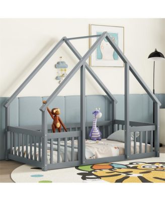 Twin Wood House-Shaped Floor Bed with Safety Fence & Roof Frame Kids Bed for Bedroom Playroom