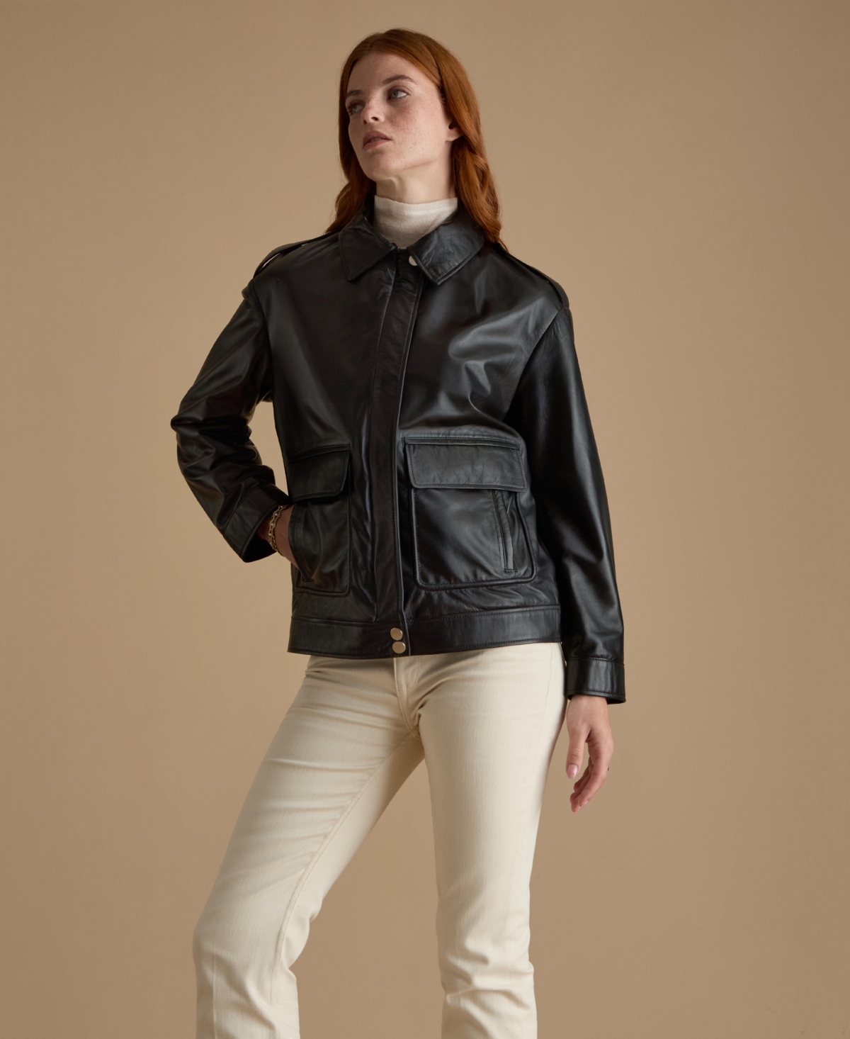 Furniq Uk Women's Leather Jacket with Detachable Shearling Collar