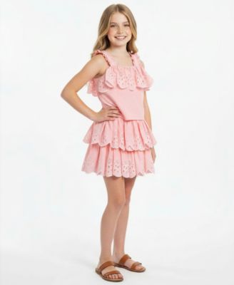 Girls' 7-16 Embroidered Eyelet Top and Skirt, 2-Piece Set