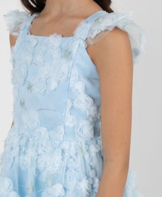 Girls' 7-16 Blue Floral Soutache Flutter Strap Dress