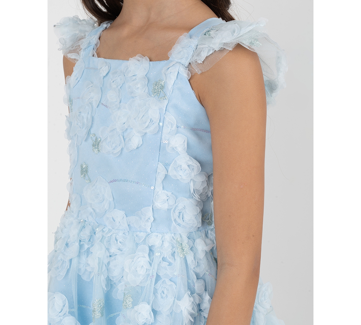 Rare Editions Girls' 7-16 Blue Floral Soutache Flutter Strap Dress