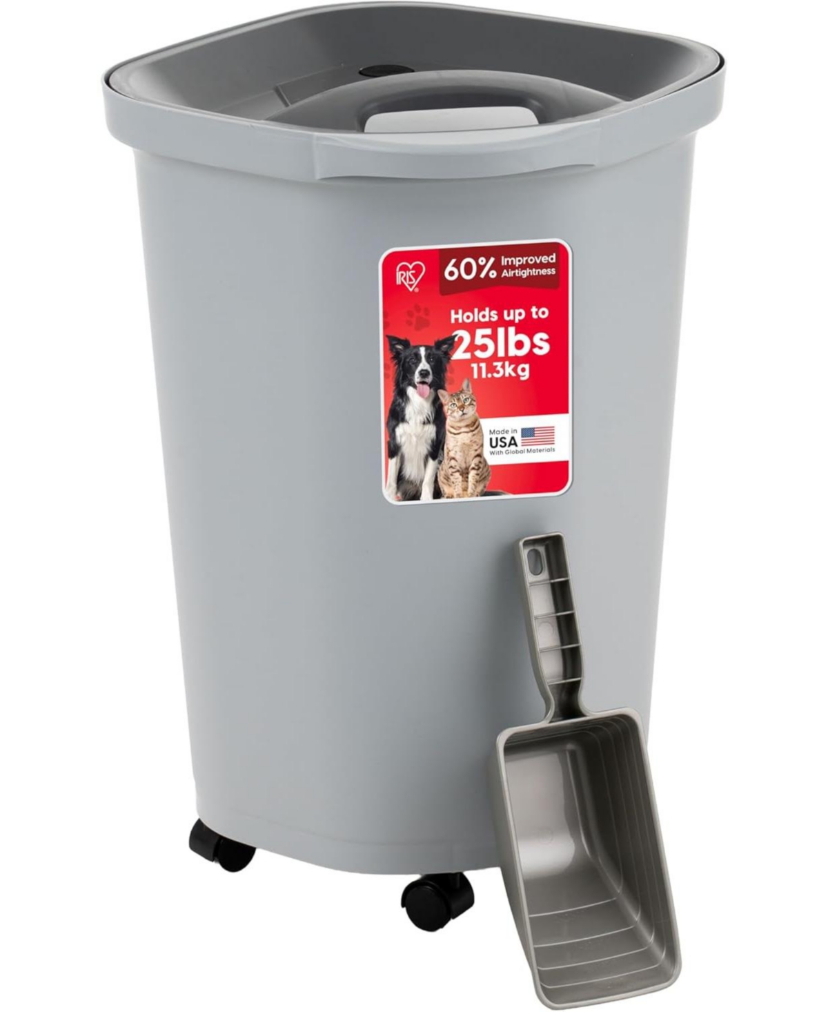 Iris Usa Pet Food Storage Container 25 lbs, Airtight Seal with Air Valve, 2 Cup Scoop, Removable Wheels, Easy to Open, Gray