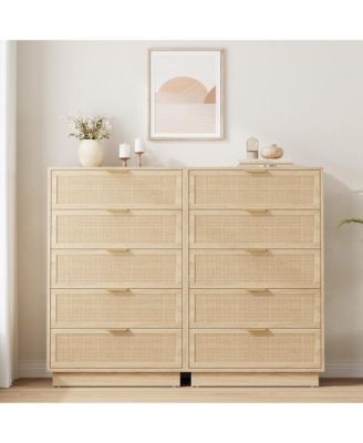 5 Drawer Rattan Dresser for Bedroom, Integrated Cabinet Body & Legs Design
