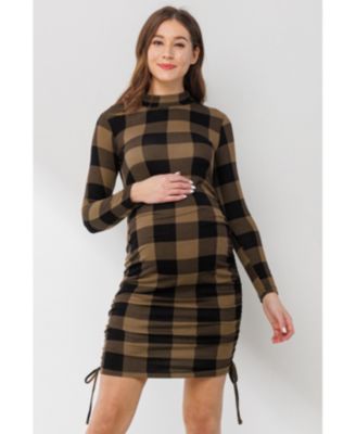 Maternity Bodycon Plaid Side Ruched Long Sleeve Dress