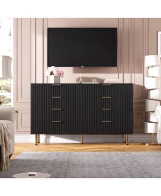 8-Drawer Modern Fluted Black Dresser, 55 Inch Wide Chest, Deep Drawers, Wooden Organizer for Bedroom, Living Room, Kids Room