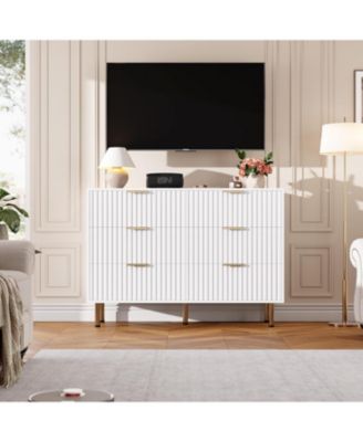 6-Drawer Modern Fluted White Dresser, 47.2 Inch Wide Chest, Deep Drawers, TV Stand, Organizer for Bedroom, Living Room, Kids Room