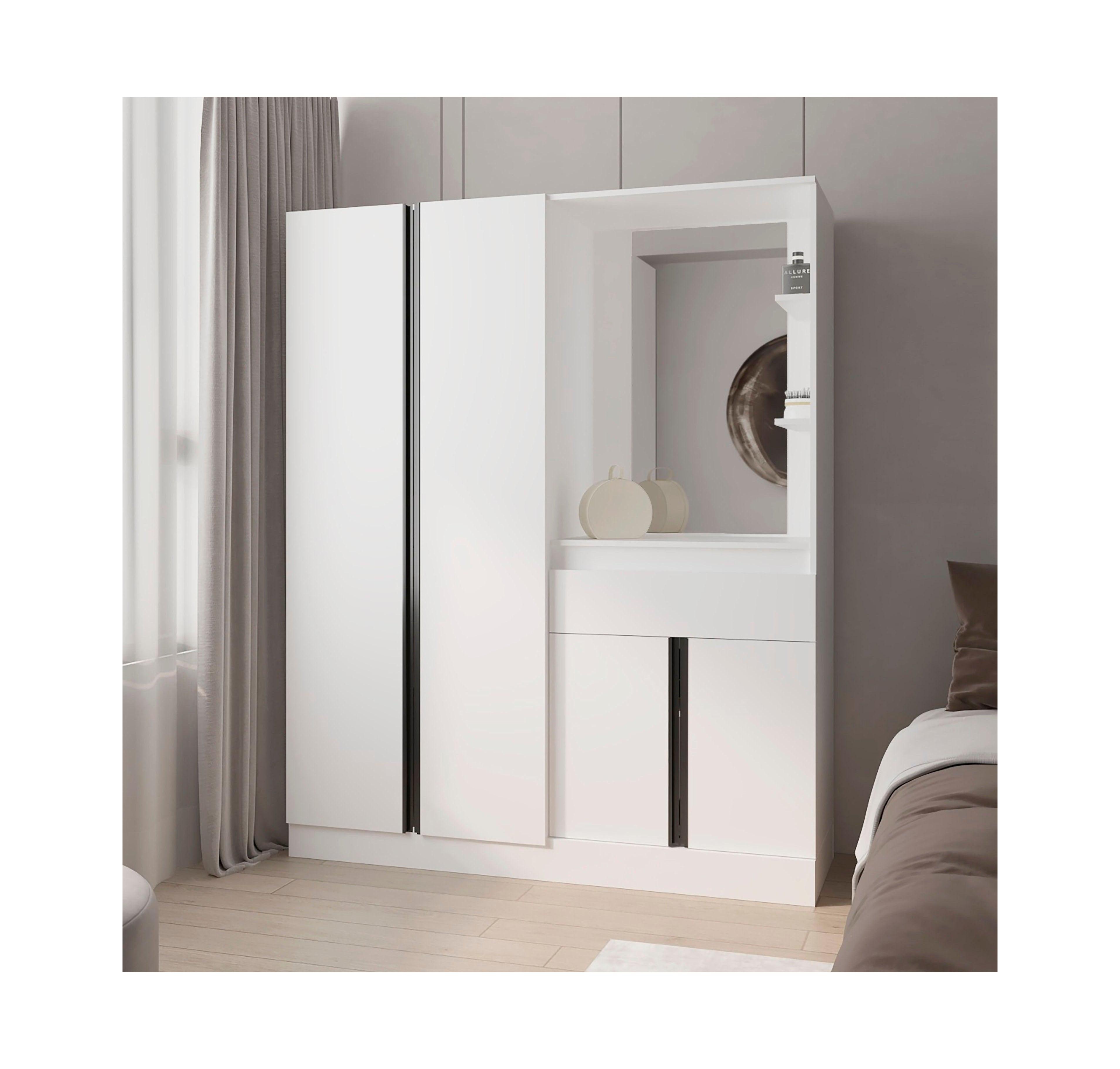 Fm Furniture CaneMulti-Functional Wardrobe with Vanity Mirror and Storage, White