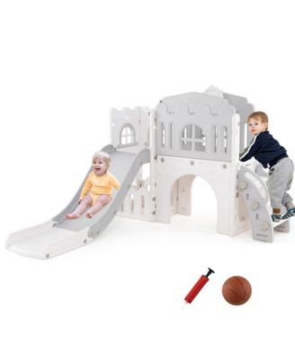 Indoor Toddler Slide Playset with Climber Tunnel Basketball Hoop and Activity Center