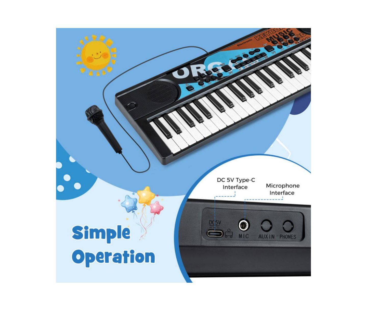 Детская игрушка HONGGE 49 Key Kids Electronic Keyboard Piano with Microphone, цвет: Чёрный — фото 11