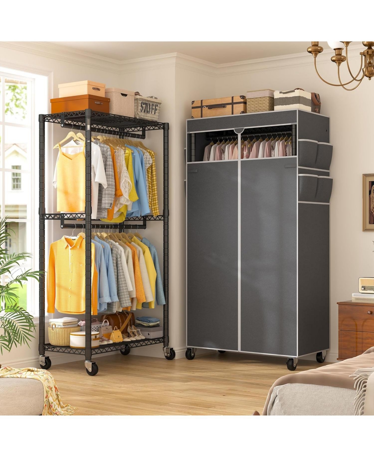 Raybee Rolling Clothes Rack with Cover Clothing Racks for Hanging Clothes Heavy Duty Portable Closet with Wheels Garment Rack