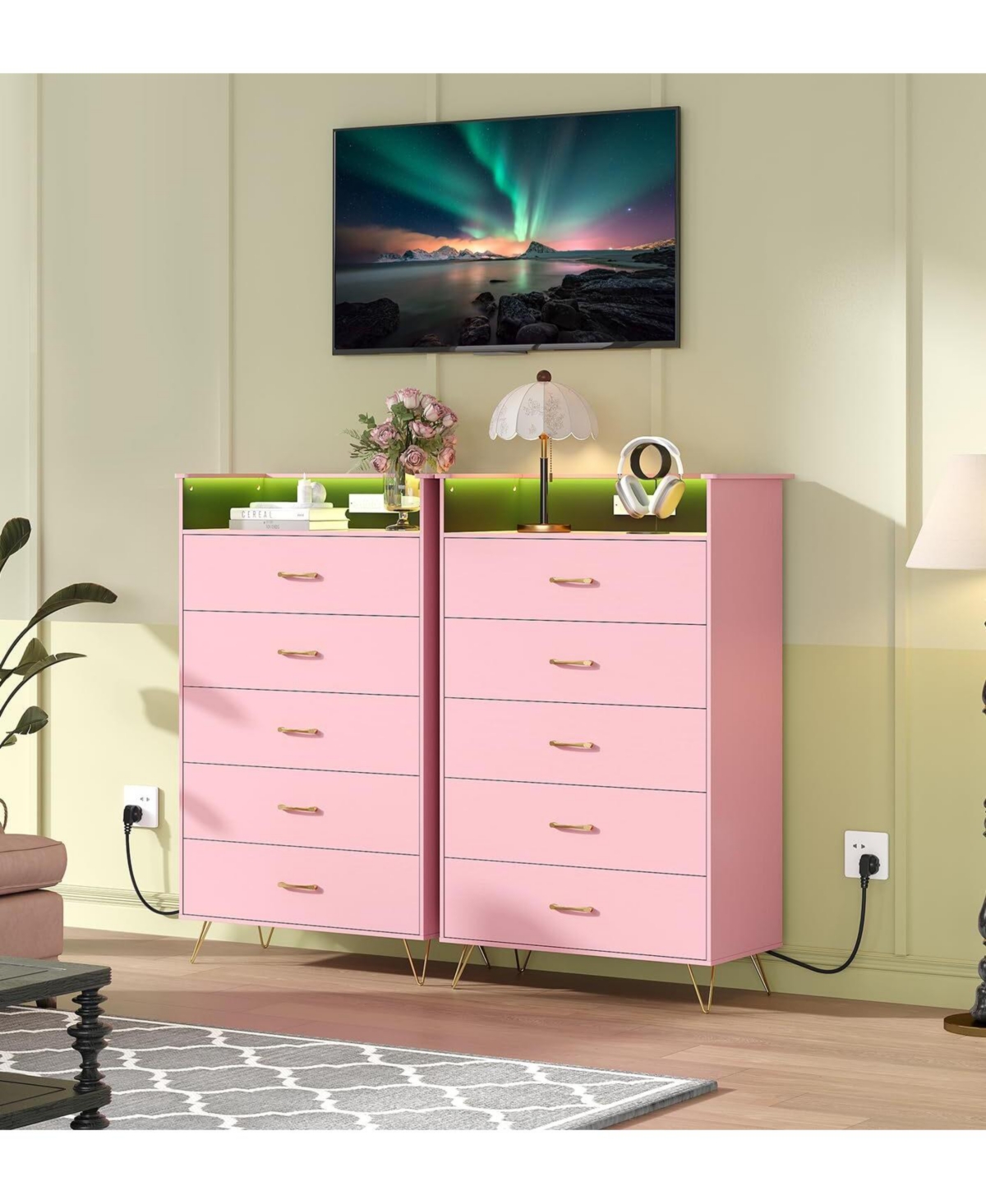 5 Drawer Wooden Dressers for Bedroom with Led Lights & Charging Station