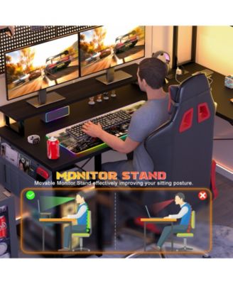 49'' Small L Shaped Desk with Hutch, Reversible Computer Gaming Desk with Outlet and LED Strip