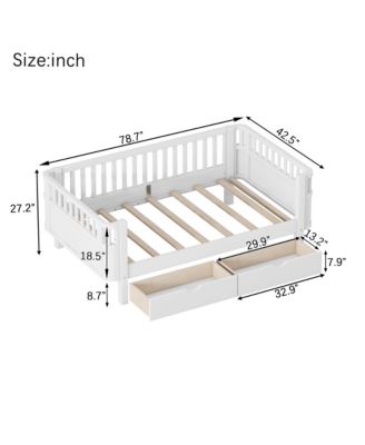 Twin Size Wood Platform Bed for Kids with Low Profile, Safety Rails & 2 Wheeled Storage Drawers