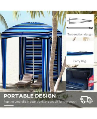 5.9ft x 5.9ft Portable Beach Umbrella Ruffled Outdoor Cabana with Walls Vents Sandbags Blue Stripe
