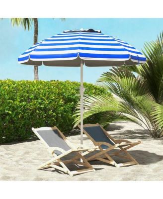 5.7ft Portable Beach Umbrella with Tilt Adjustable Height 2 Cup Holders Hooks UV 40 Plus Blue White Stripe