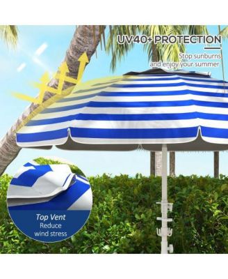 5.7ft Portable Beach Umbrella with Tilt Adjustable Height 2 Cup Holders Hooks UV 40 Plus Blue White Stripe