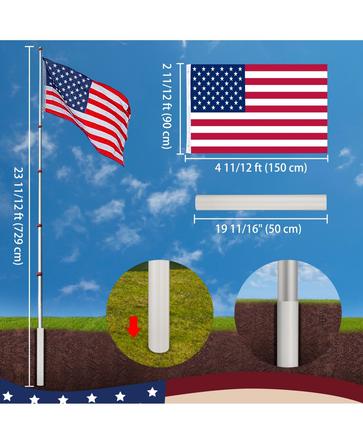 Yescom Ez Go 25Ft Commercial Telescoping Flag Pole Kit Portable Display Sign Banner Pole for Outside Hotel Business Events Advertising Flag Silver