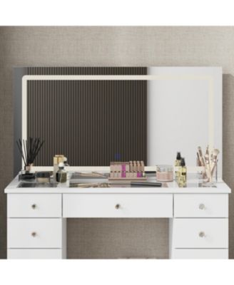 11-Drawer Vanity with 3 Color LED Mirror, Tempered Glass Countertop,Crystal Handle, Makeup Table,Chest