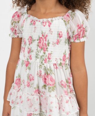 Girls' 2T-6X Twin Print Floral Chiffon Smocked Puff Sleeve Dress