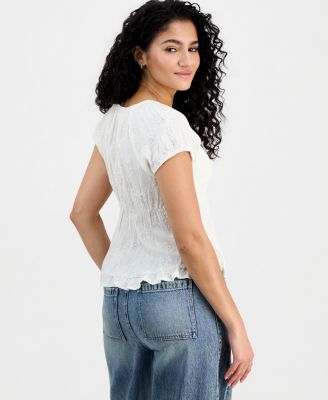 Juniors' Short-Sleeve Embroidered Sweetheart-Neck Babydoll Top