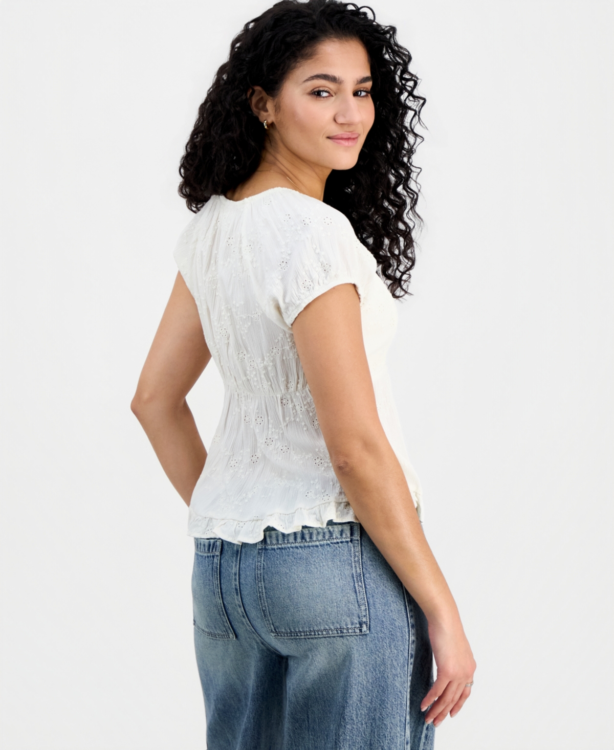 Hippie Rose Juniors' Short-Sleeve Embroidered Sweetheart-Neck Babydoll Top