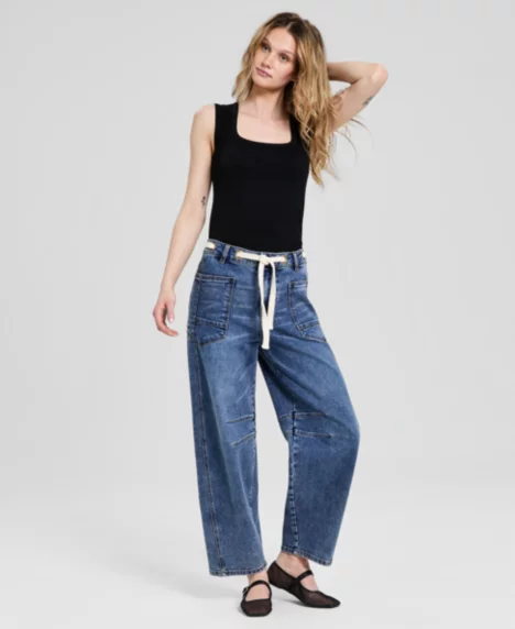 Petite High-Rise Tie-Waist Barrel Leg Jeans - Dark Denim