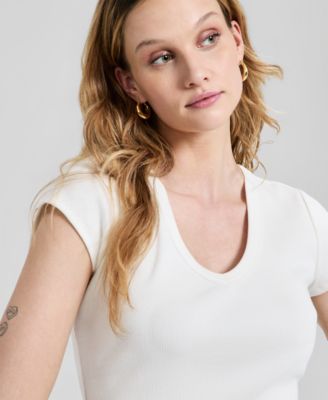Women's V-Neck Rib-Knit Short-Sleeve T-Shirt