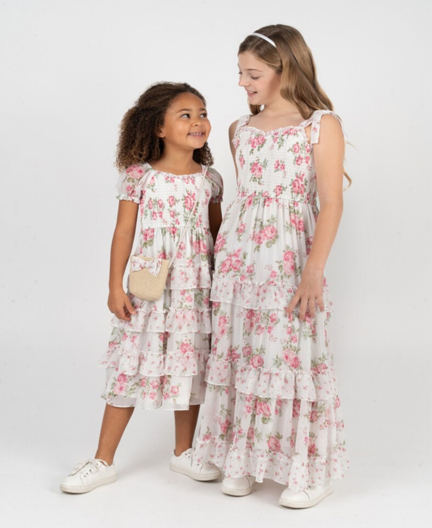 Платье Rare Editions Twin Print Floral Chiffon Smocked Puff Sleeve Dress для девочек, цвет: Розовый — фото 1