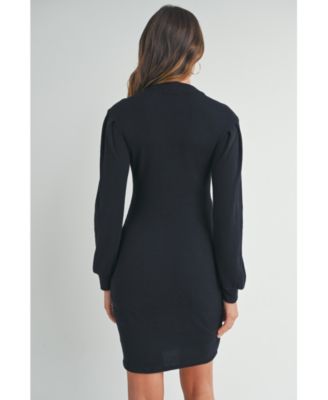 Maternity Ribbed Mock Neck Puff Long Sleeve Dress