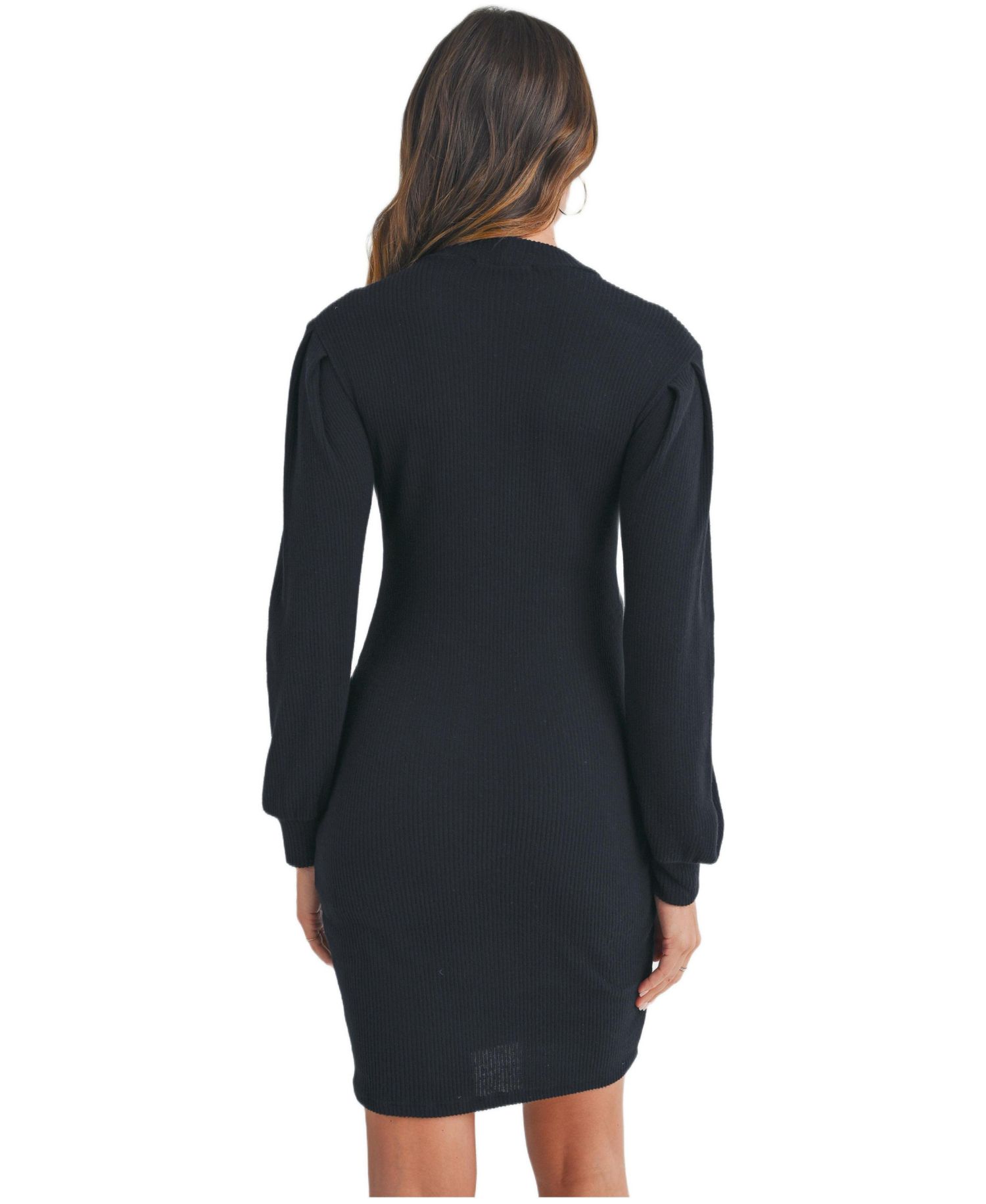 Women's Ribbed Mock Neck Puff Long Sleeve Dress