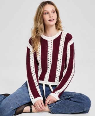 Women's Crewneck Stripe Crochet Sweater