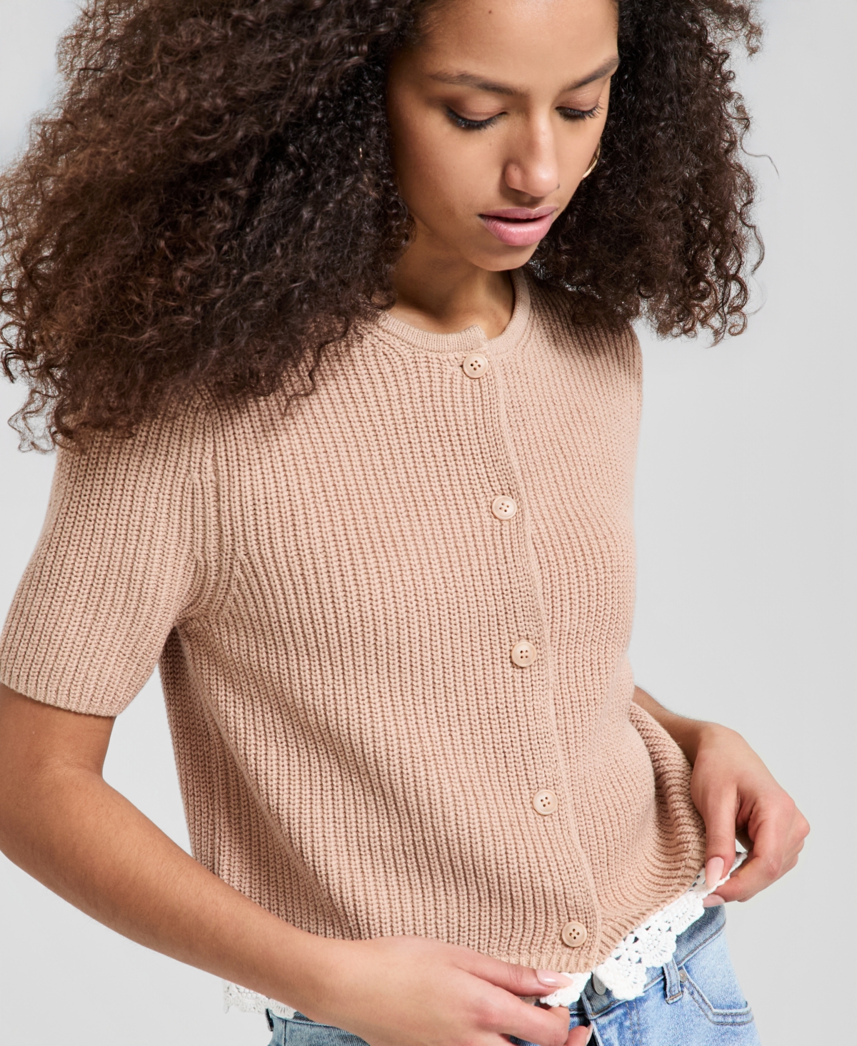 And Now This Women's Crochet-Trim Rib-Knit Sweater, Macy's Exclusive