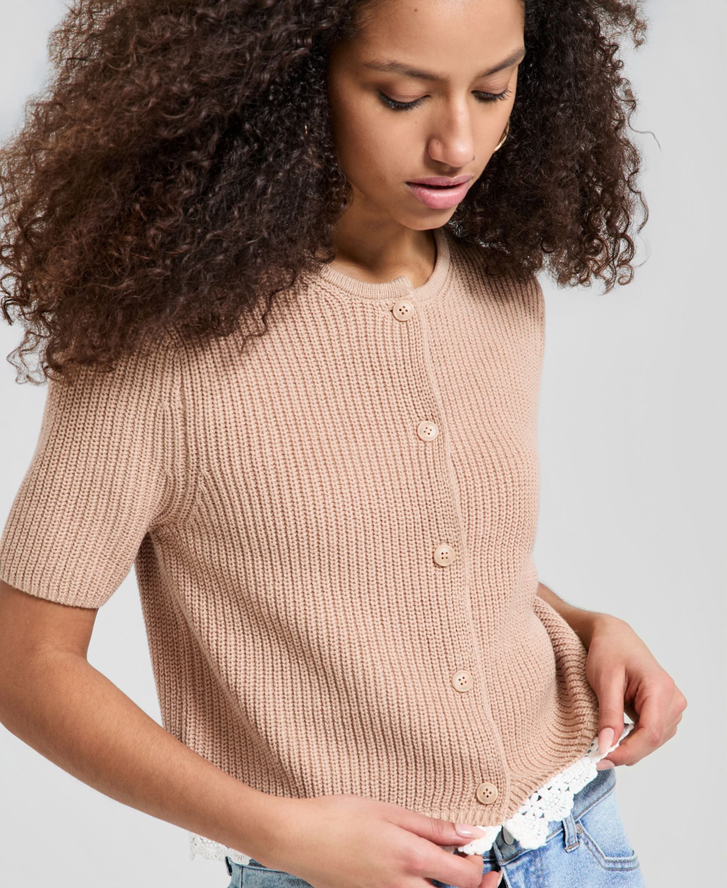 Women's Crochet-Trim Rib-Knit Sweater