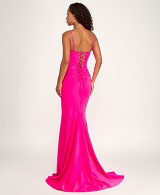 Juniors' Spaghetti Straps Lace-Up Back Long Gown