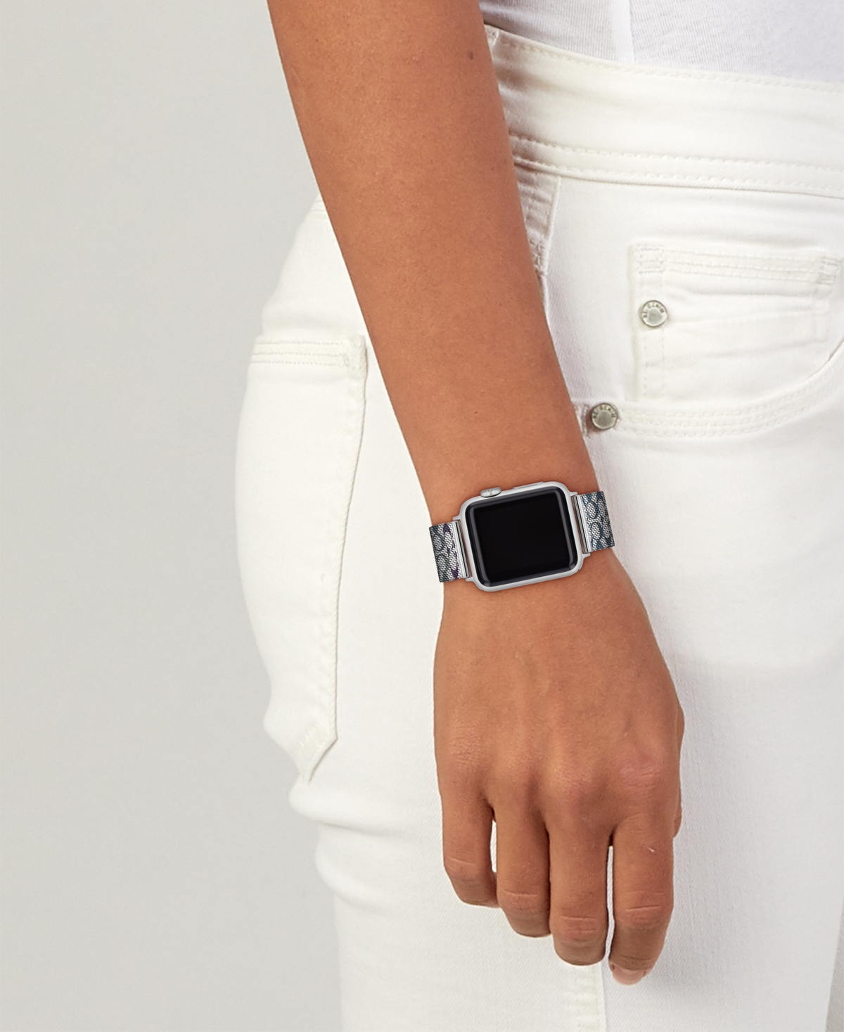 Coach Women's Silver Tone Stainless Steel with Blue and Purple Sig C Mesh Apple Watch, Strap 38mm, 40mm, 41mm