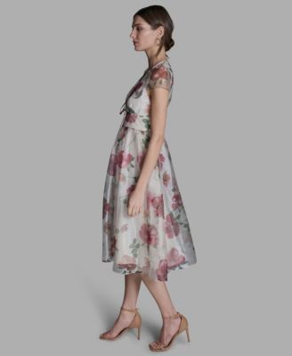 Women's V-Neck Organza Floral Fit-and-Flare Midi Dress
