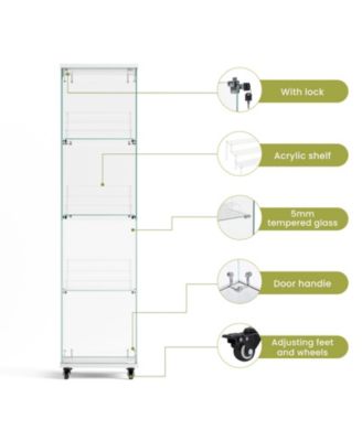 4 Tier Glass Display Cabinet with Lock, Wheels, and Acrylic Shelves