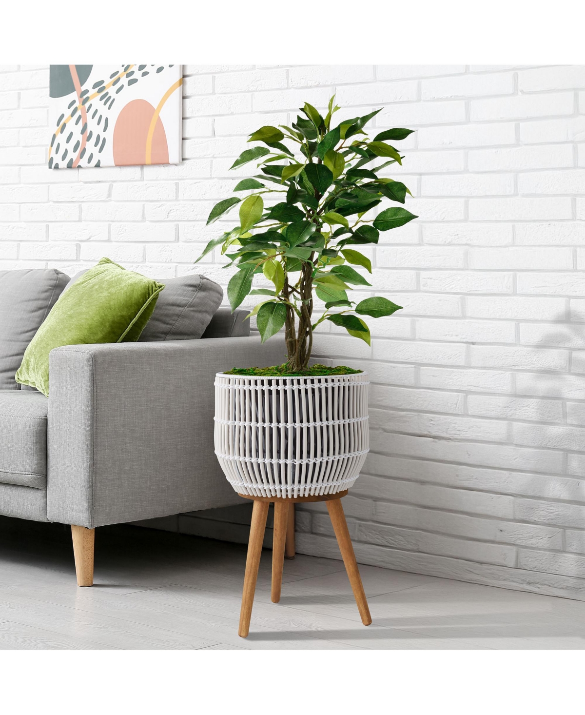 Casafield Floor Planter with Wood Legs Natural, Basket Stand, Large Plant Pot Cover Liner