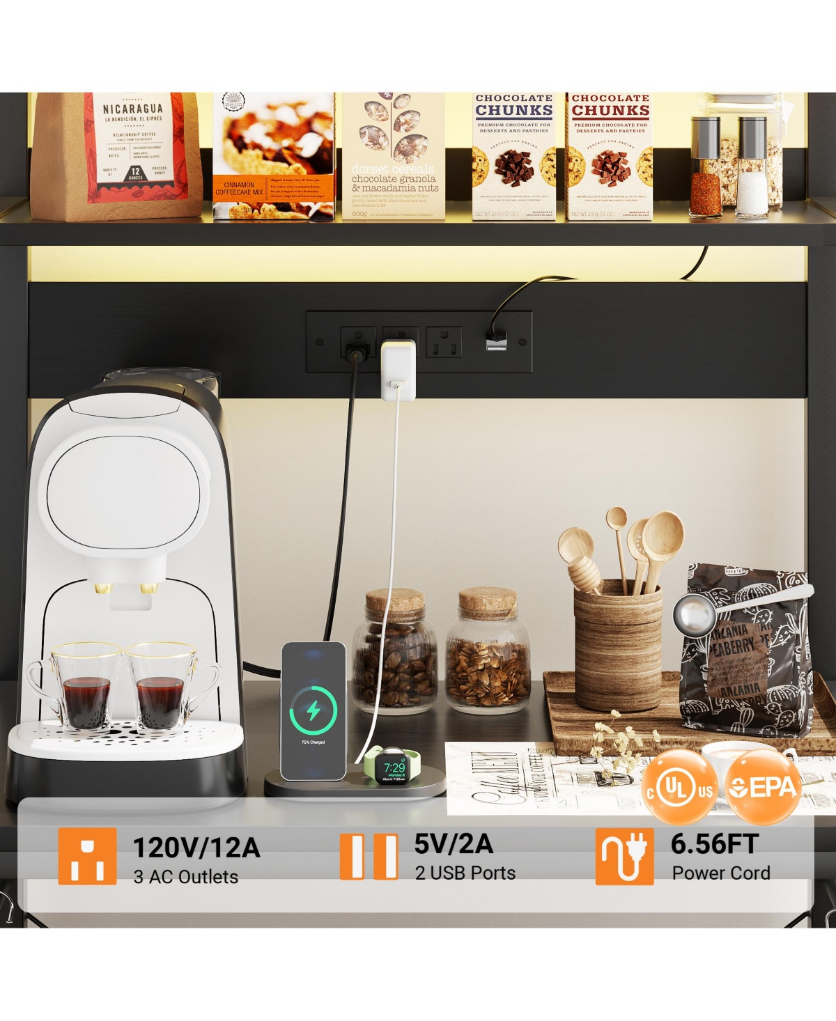 Aheaplus 23.6'' Wide Mdf/Metat Small Microwave Stand 5-Tier Bakers Rack with Power Outlet and Led Light