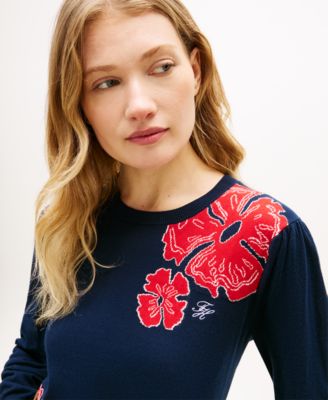 Women's Jacquard All-Over Floral Print Crew Neck Sweater