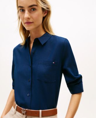 Women's Linen Roll-Tab Sleeve Collared Shirt