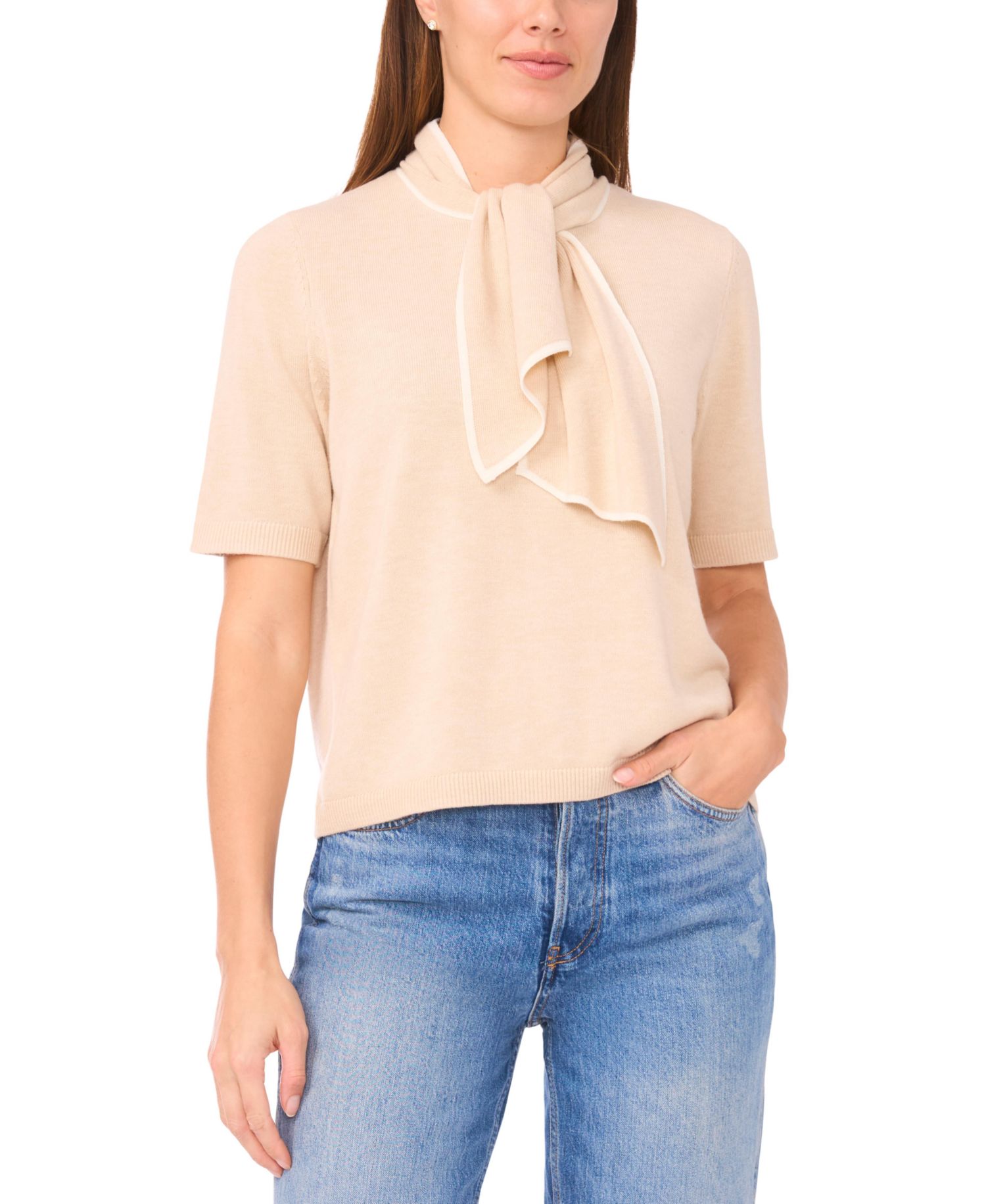 Women's Tipped Tie-Neck Pull-On Sweater