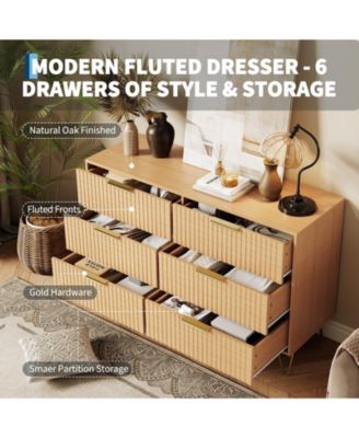 47" Wide Modern Fluted 6-Drawer Wooden Bedroom Dresser