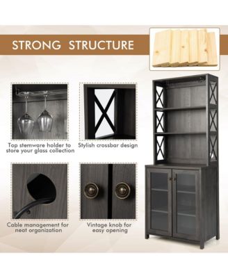 Tall Freestanding Bar Cabinet Kitchen Buffet w/ Glass Holder & Adjustable Shelf