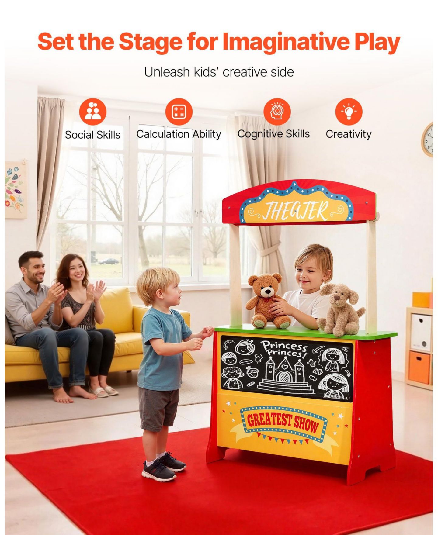 Детский игровой набор HONGGE Reversible Play Store and Theater 35-Piece Playset, Ages 3+, цвет: Красный — фото 8